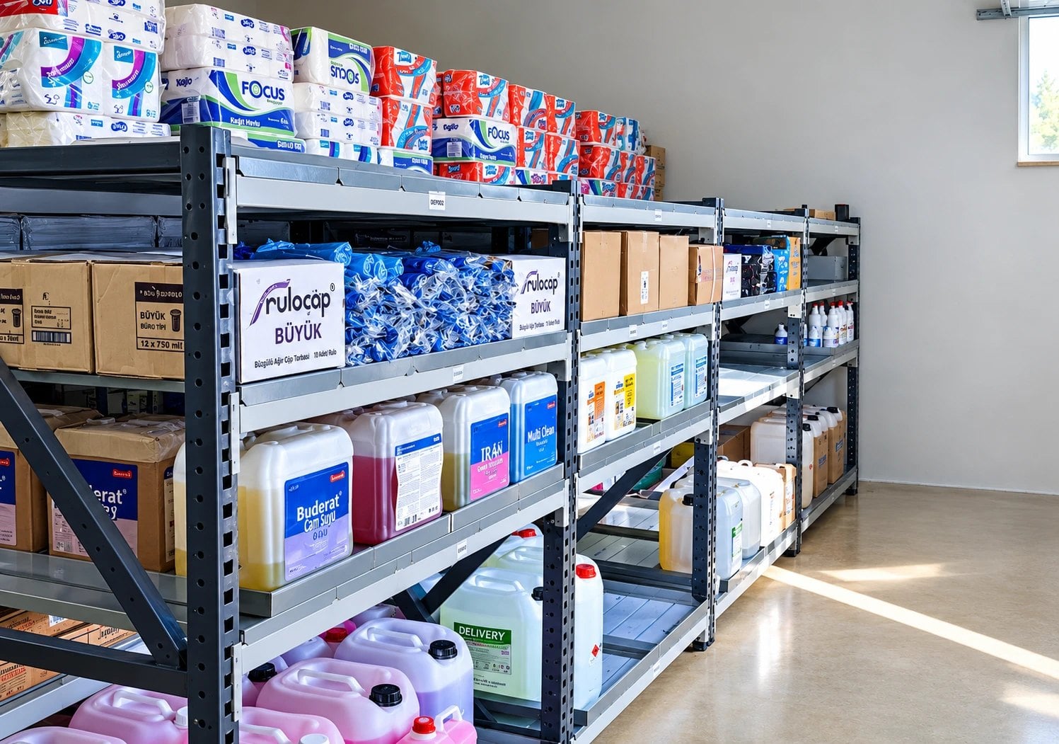 Shelves of consumables and chemicals